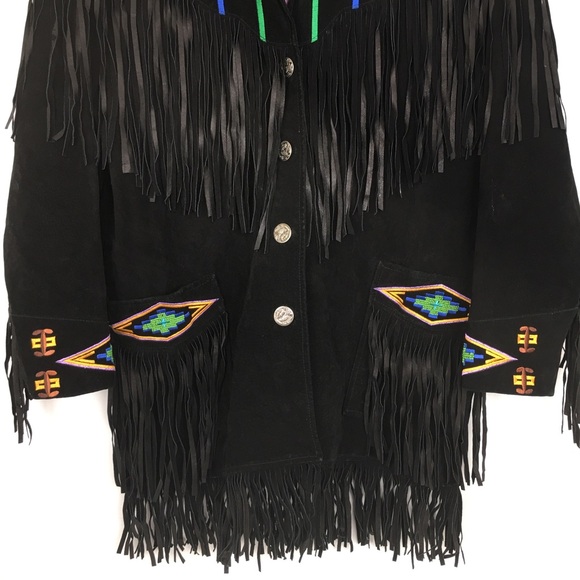 VTG Erez Levy Embroidered Leather Jacket Fringe Black Colorful Western Beaded - Picture 4 of 16